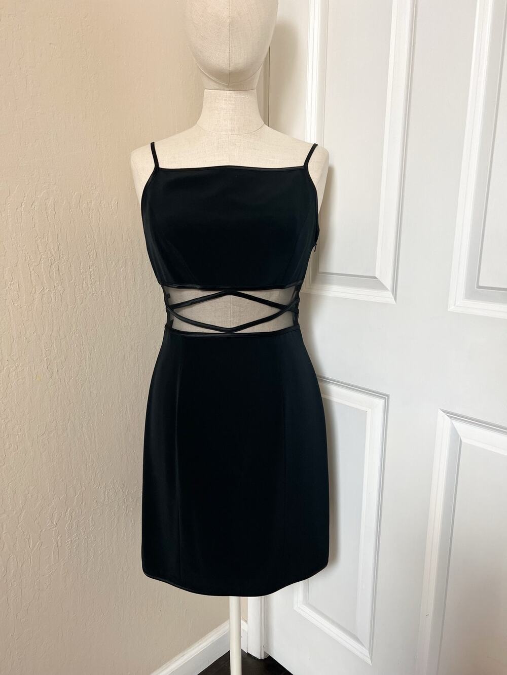 VTG 90's Cache Black Mini Dress Sz 6Mesh Cutout Club Party Y2K LBD Bodycon